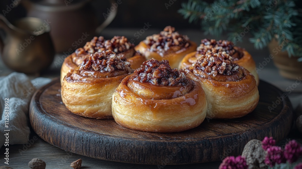 Soft and fluffy cinnamon rolls are beautifully arranged on a wooden platter. Soft and fluffy cinnamon rolls are beautifully arranged on a wooden platter.