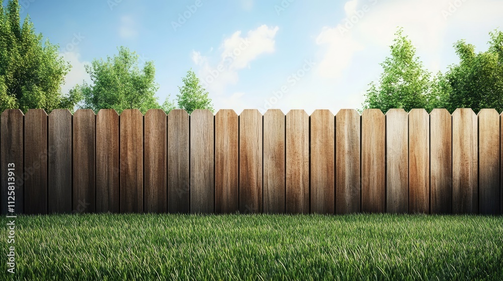 Fototapeta premium Wooden Fence Surrounded by Green Grass and Bright Blue Sky