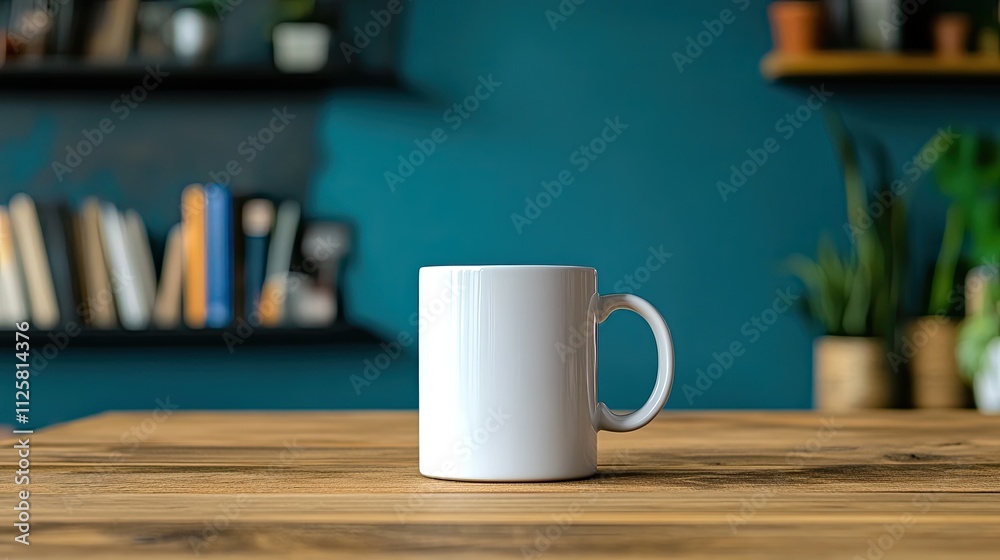Minimalist White Mug on Wooden Table with Green Wall Background Minimalist White Mug on Wooden Table with Green Wall Background