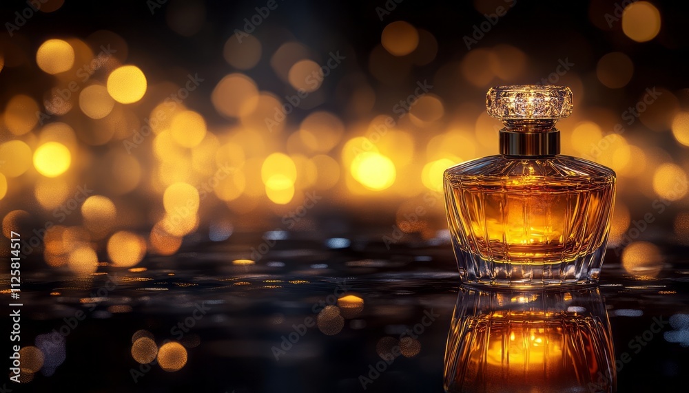 A glass perfume bottle of golden liquid shines against warm, soft lights A glass perfume bottle of golden liquid shines against warm, soft lights