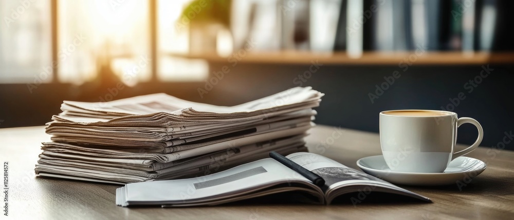 A stack of newspapers and a cup of coffee on the table A stack of newspapers and a cup of coffee on the table