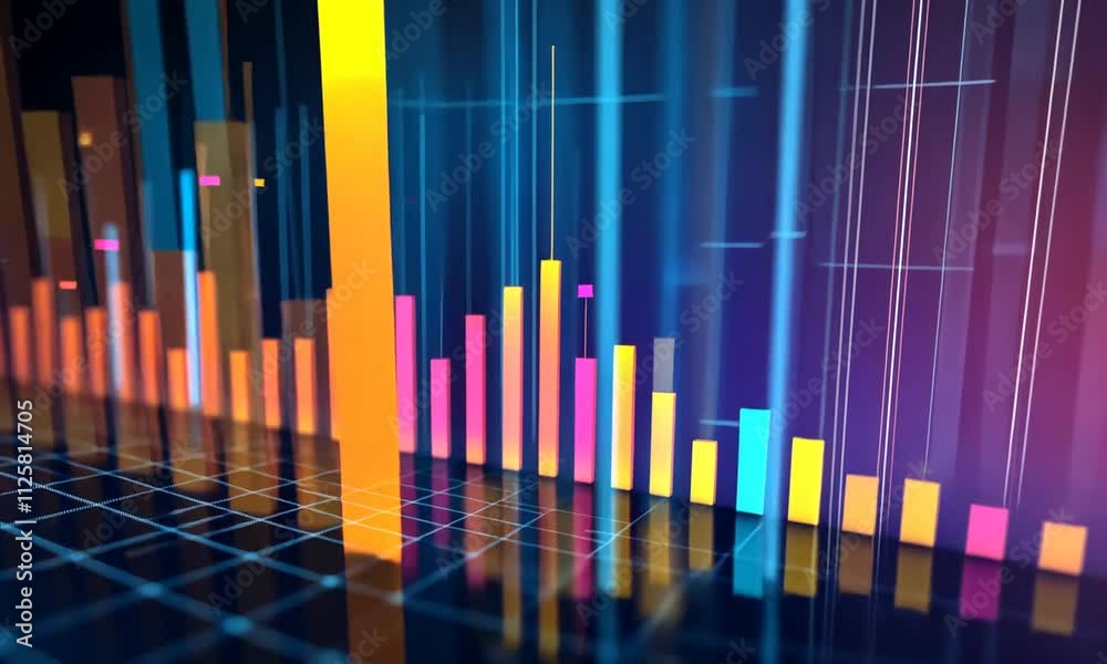 A vibrant digital representation of bar graphs and data points, showcasing data visualization with colorful elements against a dark background. A vibrant digital representation of bar graphs and data points, showcasing data visualization with colorful elements against a dark background.