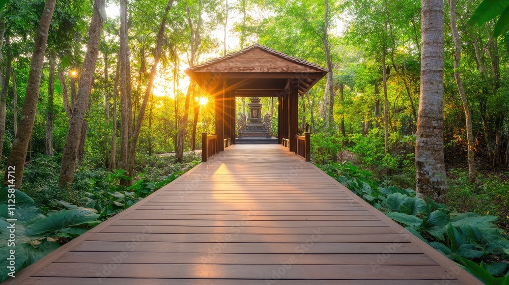 Tranquil wooden pathway leading to a serene nature pavilion Tranquil wooden pathway leading to a serene nature pavilion
