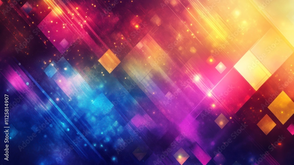 Abstract expo backdrop with glowing geometric patterns and vibrant colors.