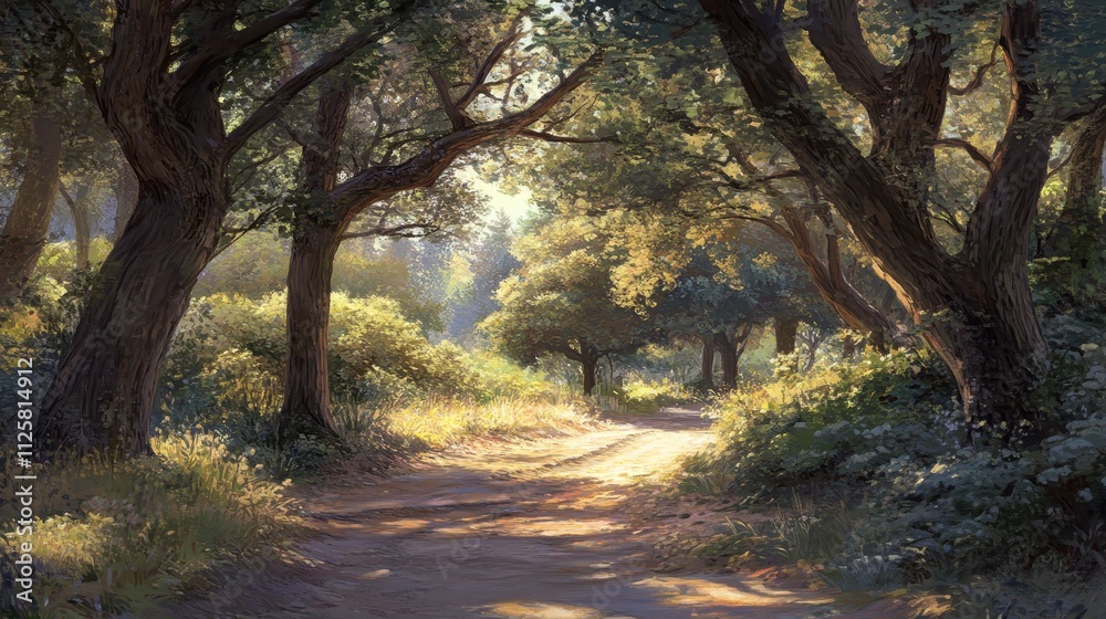 Beautiful Sunlit Pathway Through Lush Forest Beautiful Sunlit Pathway Through Lush Forest
