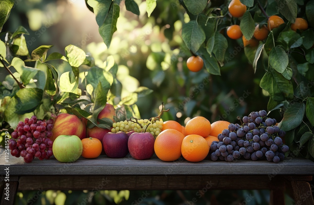 Assorted fresh fruits on wooden table, backlit by sunlight with orchard background.