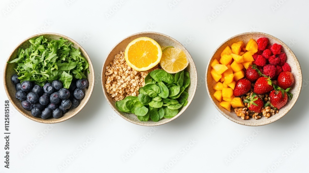 Balanced diet meals featuring colorful fruits, fresh greens, and whole grains, styled on a minimalist white backdrop. Balanced diet meals featuring colorful fruits, fresh greens, and whole grains, styled on a minimalist white backdrop.