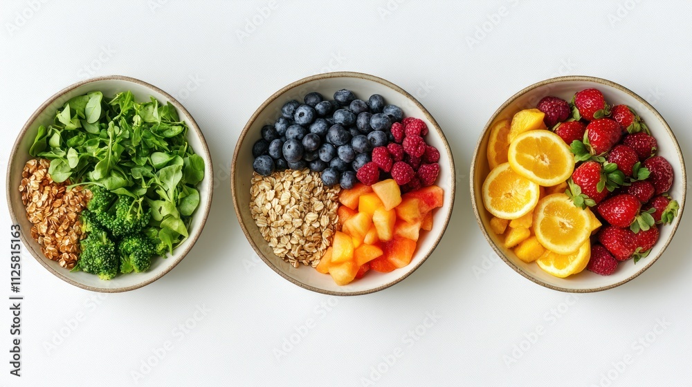 Balanced diet meals featuring colorful fruits, fresh greens, and whole grains, styled on a minimalist white backdrop. Balanced diet meals featuring colorful fruits, fresh greens, and whole grains, styled on a minimalist white backdrop.