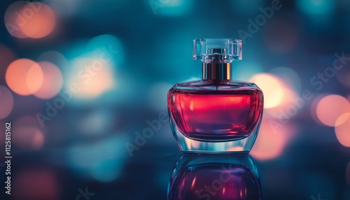 A striking red perfume bottle stands out against a vibrant, blurred backdrop