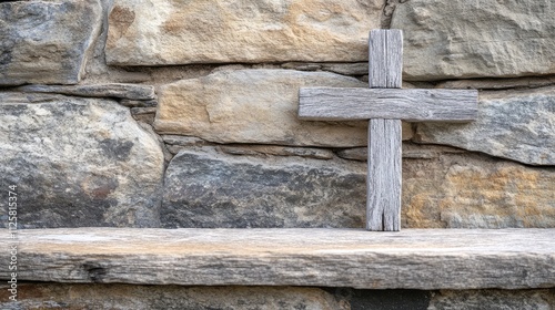 Wooden cross placed on a rustic stone background for symbolism