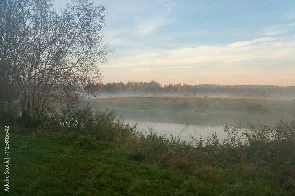 The valley of the Sorot River near the Mikhailovskoye Estate of the Pushkin Museum-Reserve at dawn on a foggy summer morning, Pushkinskiye Gory, Pskov Oblast, Russia The valley of the Sorot River near the Mikhailovskoye Estate of the Pushkin Museum-Reserve at dawn on a foggy summer morning, Pushkinskiye Gory, Pskov Oblast, Russia