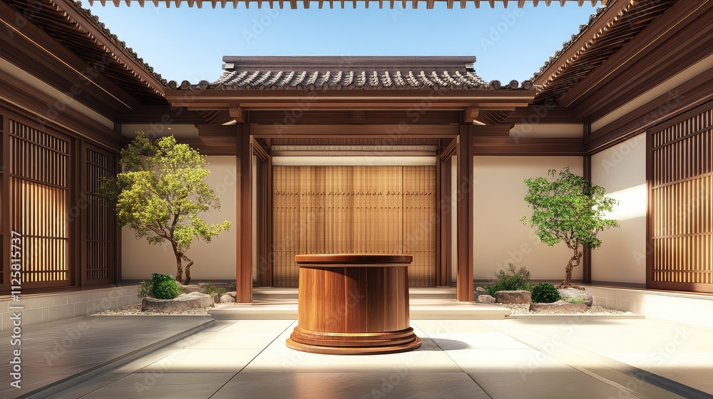 Tranquil Zen Garden with Wooden Centerpiece and Natural Elements Tranquil Zen Garden with Wooden Centerpiece and Natural Elements