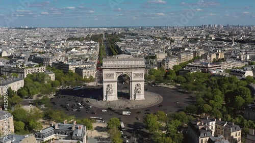 PARIS, FRANCE - OCTOBER 3, 2024: Stunning aerial view of Arc de Triomphe and bustling city landscape in Paris photo