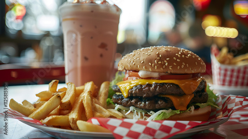 classic cheeseburger with fries and a milkshake in a retro diner setup