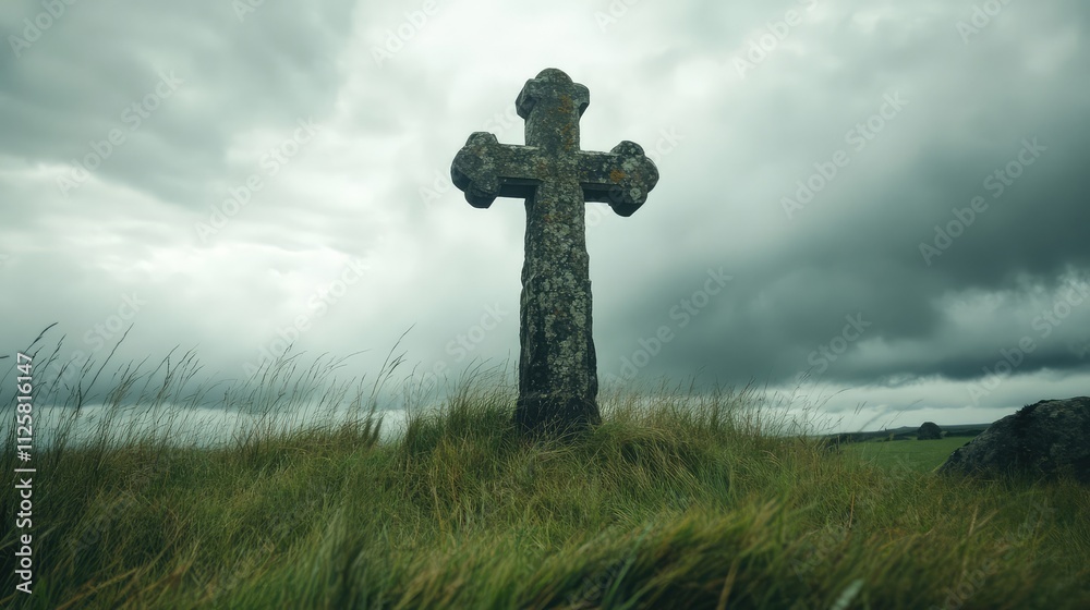 Serene Stone Cross Amidst Lush Green Grass and Dramatic Sky Serene Stone Cross Amidst Lush Green Grass and Dramatic Sky