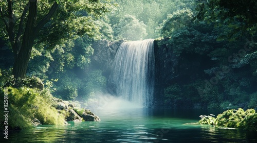 Serene waterfall cascading into a tranquil pool, surrounded by lush greenery. (1)