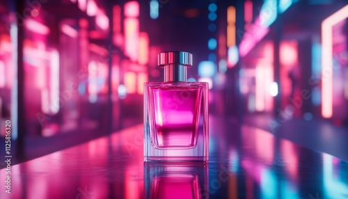 Bright pink perfume bottle placed on a reflective surface surrounded by neon lights