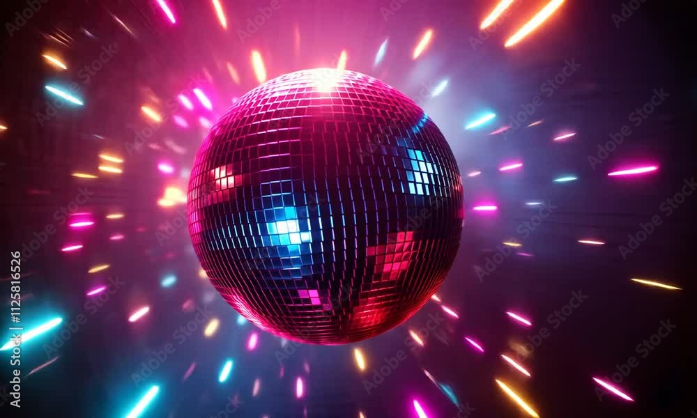 A vibrant disco ball radiates colorful light beams, creating a dynamic and energetic atmosphere, perfect for a dance party or celebration.