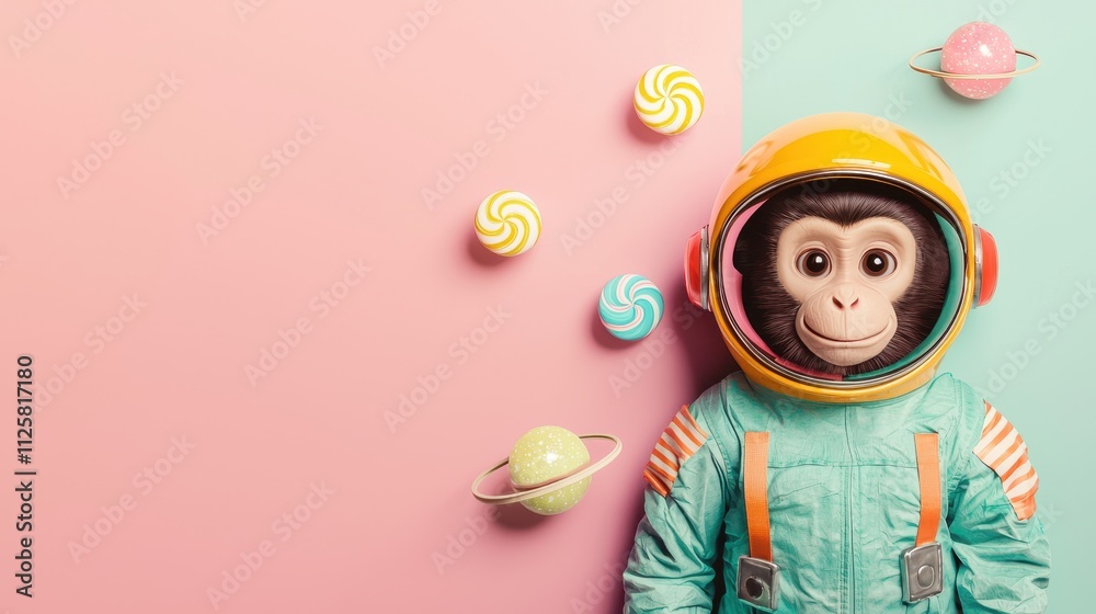 Cute Monkey Astronaut in Colorful Space Theme with Candy Decoration Cute Monkey Astronaut in Colorful Space Theme with Candy Decoration