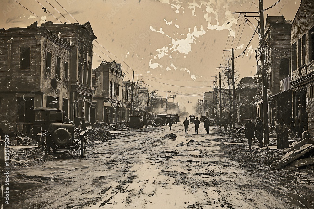 Fototapeta premium A vintage street scene depicting early 20th-century urban life with vehicles and pedestrians.