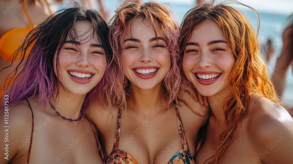 Three young women stand together at the beach, sharing joyful smiles and laughter. They are wearing colorful swimsuits and enjoying a beautiful sunny day by the shore surrounded by friends.