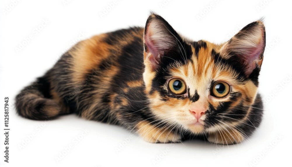 Obraz premium A calico kitten with unique markings relaxes and explores its surroundings
