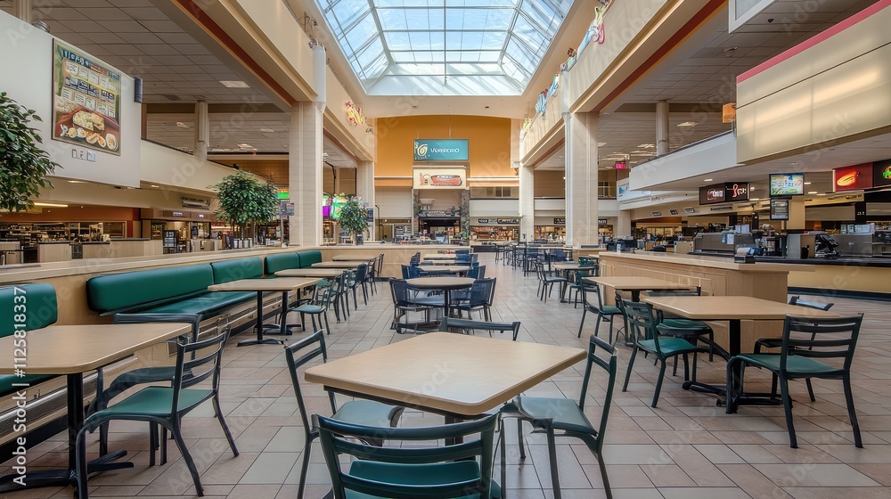 Spacious and Bright Food Court with Empty Tables and Chairs Spacious and Bright Food Court with Empty Tables and Chairs
