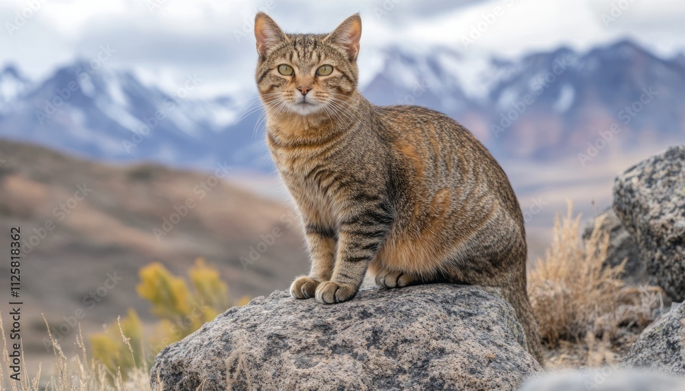 Fototapeta premium Wild cat observed resting on a stone amidst mountains under a clear sky during daytime