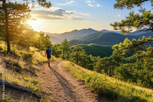 Serene Hiking Trail in the Mountains at Sunset with a Backpacker Strolling Along a Scenic Path Surrounded by Lush Green Pine Trees and Majestic Peaks