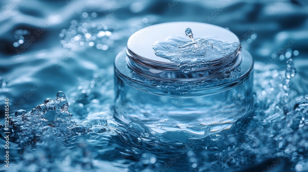 Clear Glass Jar with Water Splash in an Aquatic Background Clear Glass Jar with Water Splash in an Aquatic Background