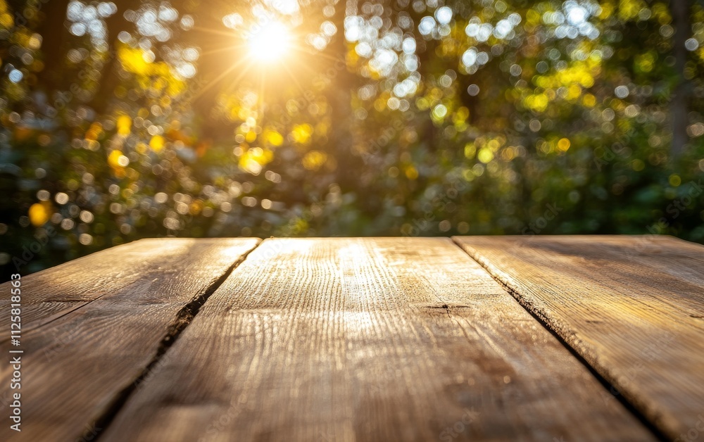 Rustic wooden table against a sunlit, blurred natural background. Rustic wooden table against a sunlit, blurred natural background.