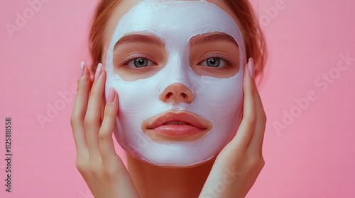 A young woman applying a sheet mask to her face on a pink background, a beauty and skin care concept