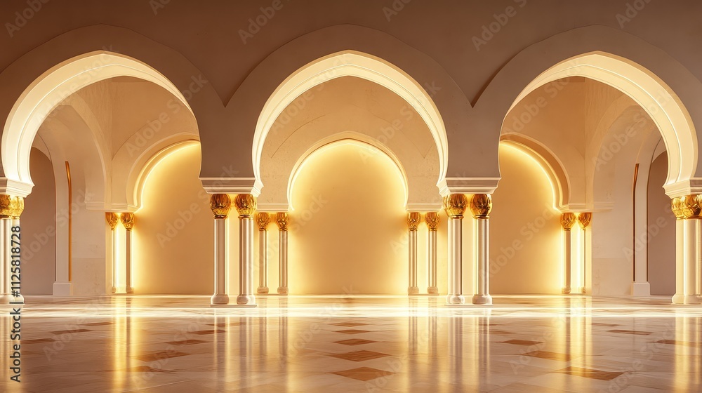 Elegant Arched Architecture with Warm Lighting and Reflective Floor Elegant Arched Architecture with Warm Lighting and Reflective Floor