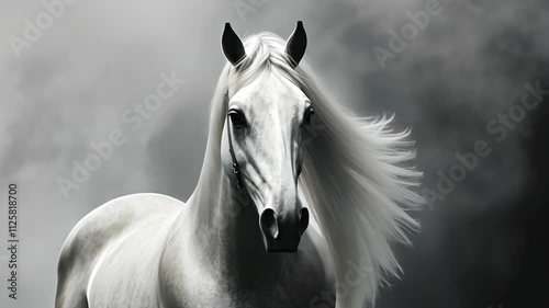 Majestic white horse running gracefully through a misty landscape in black and white artistic expression