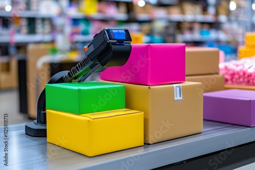 A detailed shot of an automated checkout system scanning products, optimizing retail efficiency photo