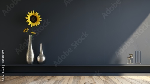 A serene room with a dark navy wall, light oak floors photo