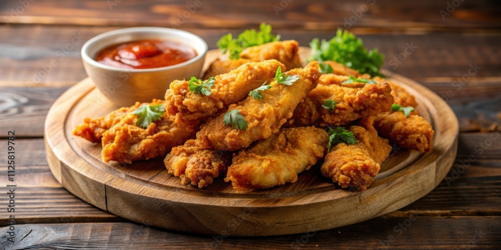 Delicious fried chicken tenders served with tangy dipping sauce , Crispy, golden, tasty, meal, food, comfort food Delicious fried chicken tenders served with tangy dipping sauce , Crispy, golden, tasty, meal, food, comfort food