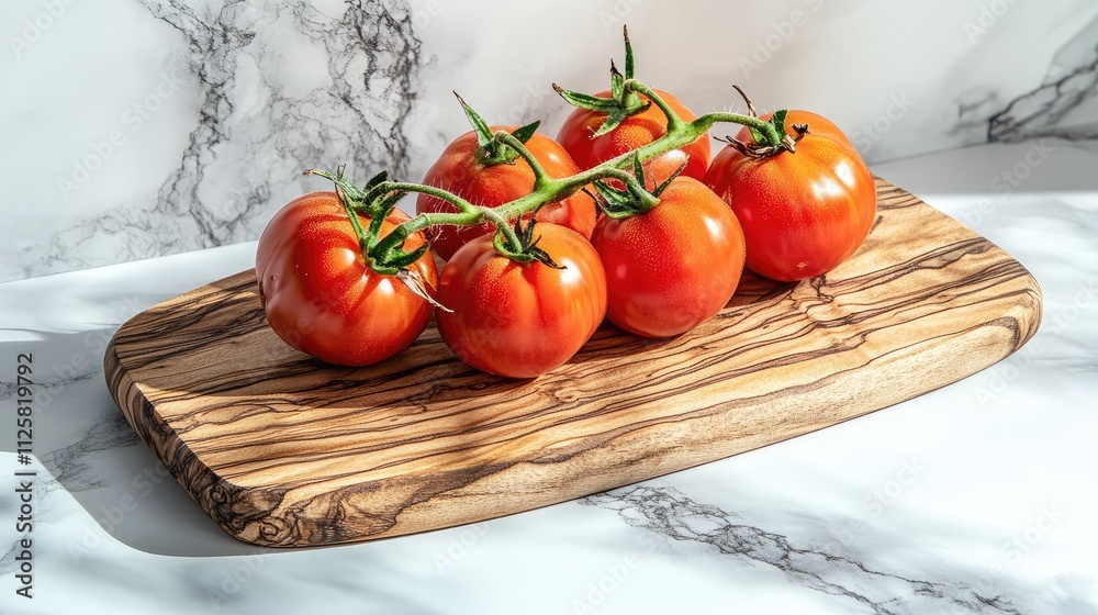 Fresh Red Tomatoes on Wooden Board with Marble Background Fresh Red Tomatoes on Wooden Board with Marble Background