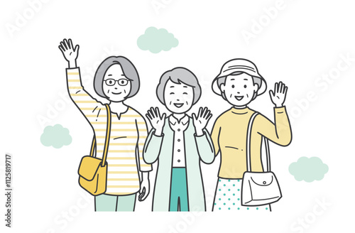 仲の良い高齢女性グループが旅行先で楽しんでいる上半身イラスト