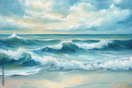 Serene Ocean Waves Under a Bright Sky: A Beautiful Seascape Oil Painting with Lush Blues, Gentle Currents, and Soft Clouds in Perfect Harmony