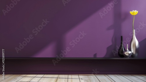 A serene room with a dark purple wall, light pine floors
