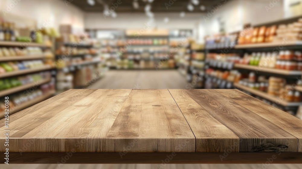 Modern wooden table for business. Showcase your products. Market shelf. Abstract blur counter background. Lifestyle shopping concept