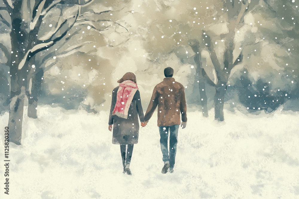 Couple holding hands, wearing pink and white scarves, walking in a snowy park, white background. Watercolor clipart. Couple holding hands, wearing pink and white scarves, walking in a snowy park, white background. Watercolor clipart.