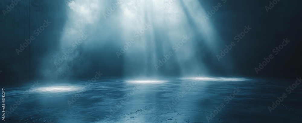 Obraz premium Dark blue moody background with light rays and fog.