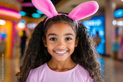 A dynamic shot of a community Easter festival with kids playing games, enjoying candy, and celebrating in a colorful venue photo