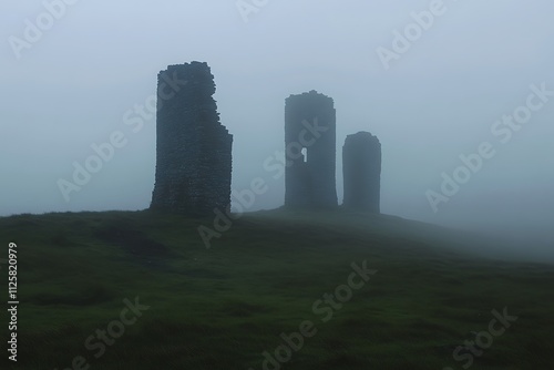 Misty ruins of ancient stone towers on a grassy hill, creating an eerie atmosphere. photo