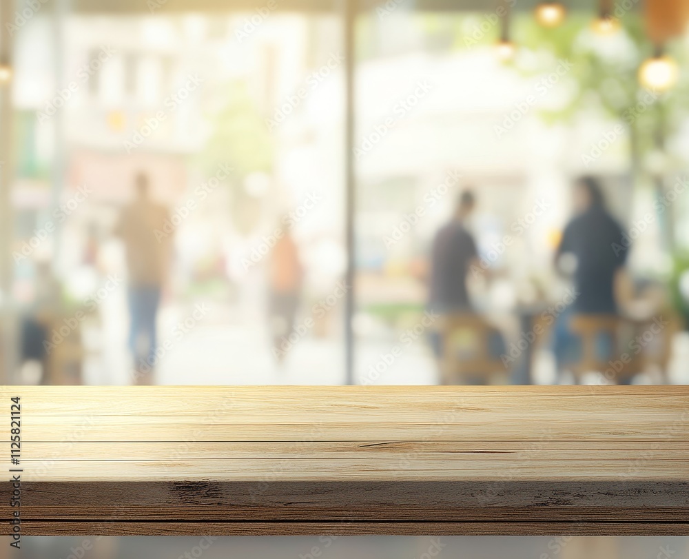 Empty wooden table top with blurred city street cafe background. Empty wooden table top with blurred city street cafe background.