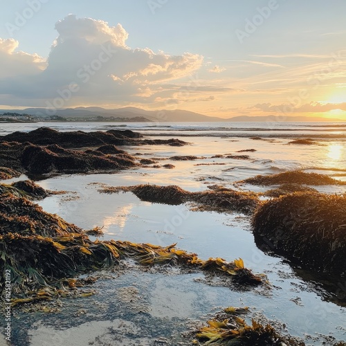 Serene Coastal Landscape at Sunset with Rich Seaweed, Calm Waters and Soft Cloudy Sky, Capturing Nature's Tranquil Beauty in Coastal Environment photo