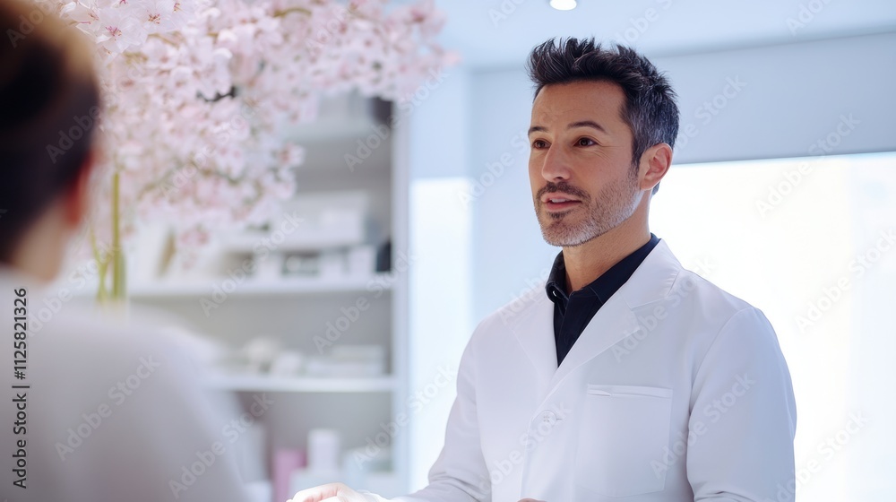 Male dentist explaining oral care techniques to a patient in a sleek, modern clinic. Male dentist explaining oral care techniques to a patient in a sleek, modern clinic.