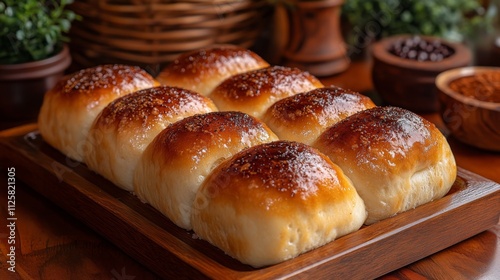 Warm sweet rolls with a glossy caramelized topping are beautifully displayed on a wooden tray. The aroma fills the cozy atmosphere, inviting indulgence.